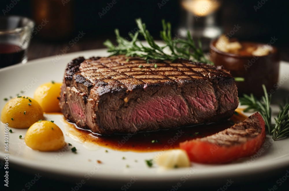 steak, juicy steak in a plate on the table close-up steak, juicy steak in a plate on the table close-up
