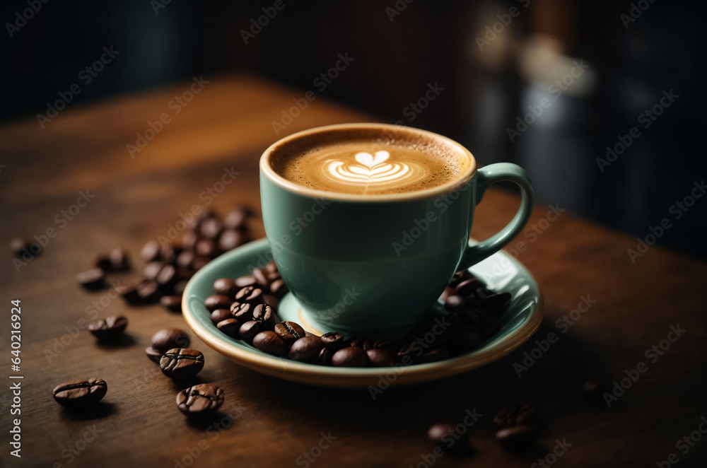 cup of coffee with coffee beans in a plate on the table cup of coffee with coffee beans in a plate on the table