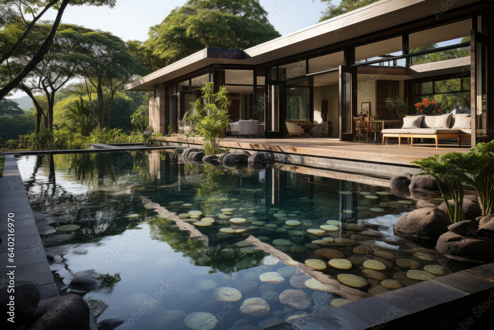 Pool or lake in the garden of a tropical villa