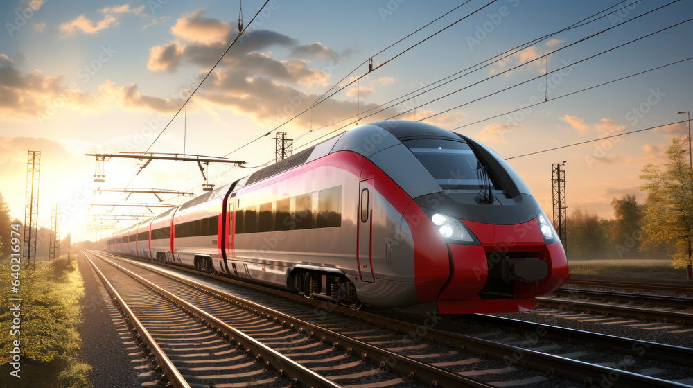 Fototapeta premium Modern passenger transportation, locomotive with wagons for passengers