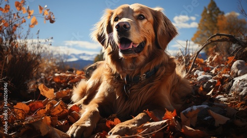 A happy golden retriever enjoying the fall season in a pile of colorful leaves