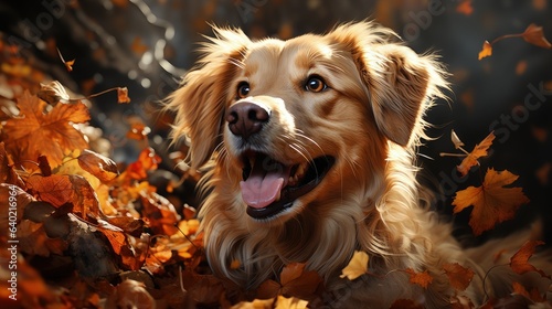 A golden retriever enjoying the autumn leaves © Artur