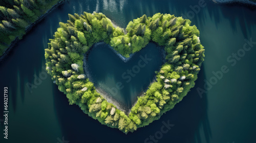 Generative AI, heart shaped blue lake surrounded by pine forest, green trees, valentine's day card, love symbol, amazing scenery, nature travel, clear pond