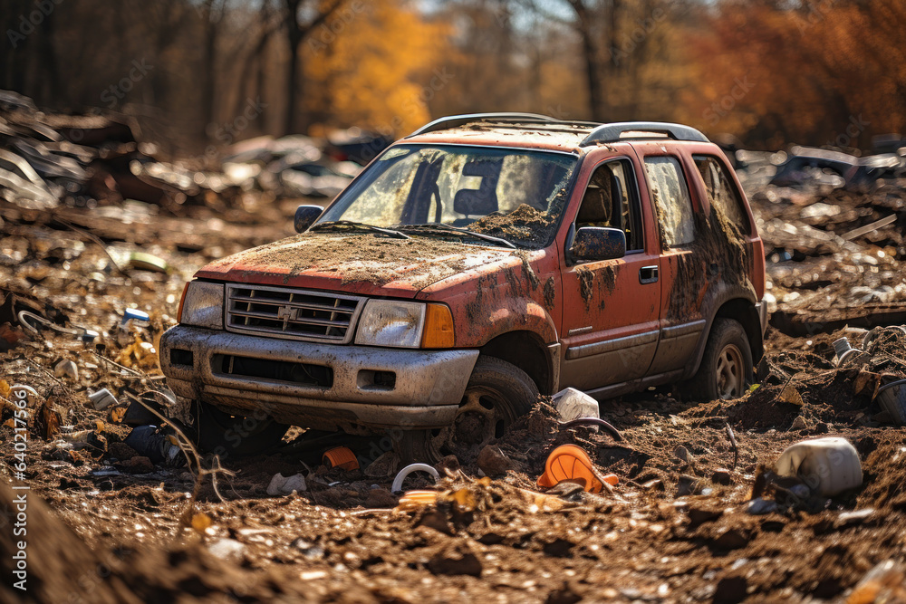 Junkyard of broken faulty cars, crushed cars at a scrap yard Junkyard of broken faulty cars, crushed cars at a scrap yard