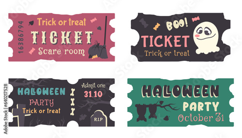 Set of Halloween holiday tickets isolated. Different color hand drawn template of coupon. Smiling cute ghost, spooky cemetery, tomb, silhouette of bat, pumpkin, broom,  moonlight, bones. Vector cartoo