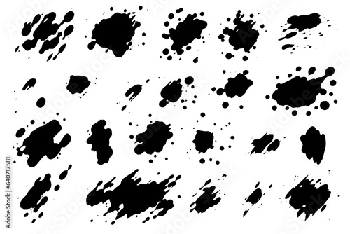Grunge ink black paint splotch. Splash of paints  spray drops staining and frame with wet paint drop vector set.