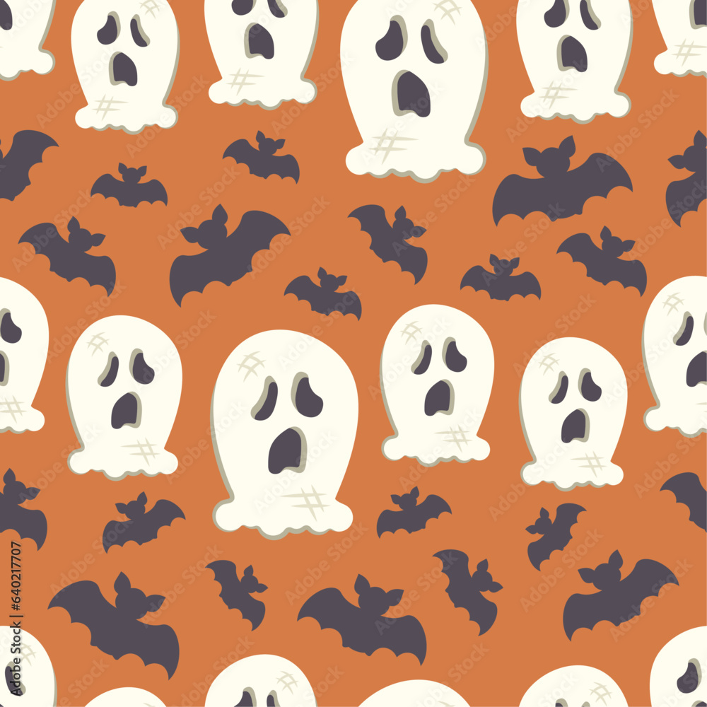 Obraz premium Halloween Seamless pattern. Repeated holiday print. Hand drawn doodle character. Cute spooky ghosts and silhouette of bat. Autumn holiday of dead. Printable texture background. Vector illustration