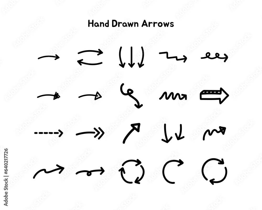 Set of hand drawn arrows. Doodle vector design illustration isolated on white background. Set of hand drawn arrows. Doodle vector design illustration isolated on white background.