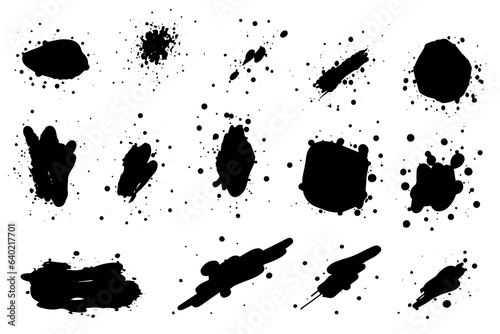 Grunge ink black paint splotch. Splash of paints, spray drops staining and frame with wet paint drop vector set.