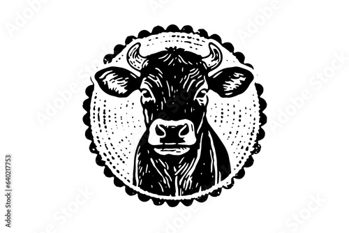 Black cow head logotype for meat industry or farmers market hand drawn stamp effect vector illustration.