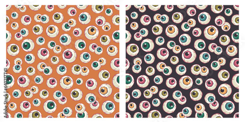 Set of Seamless Halloween patterns. Repeated holiday print with different spooky creepy eyes. Hand drawn doodle traditional element for Autumn holiday of dead.Printable background. Vector