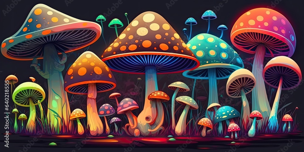 Colorful playful forest scene with mushrooms