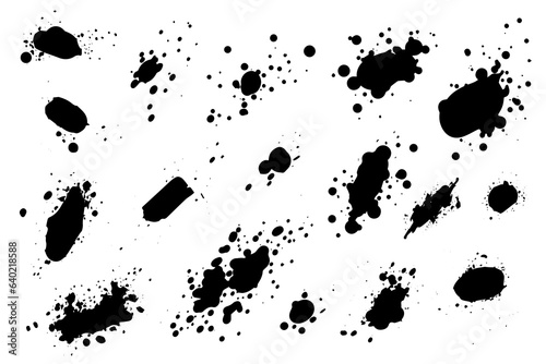 Grunge ink black paint splotch. Splash of paints, spray drops staining and frame with wet paint drop vector set.