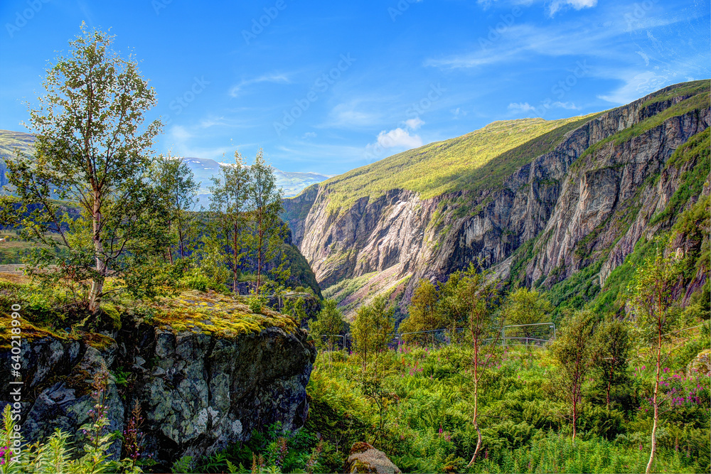 The Måbødalen valley in the municipality of Eidfjord with a famous waterfall Vøringsfossen (English: Vøring Falls). Norway.