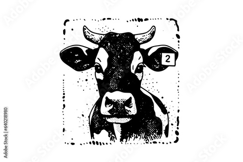 Black cow head logotype for meat industry or farmers market hand drawn stamp effect vector illustration.