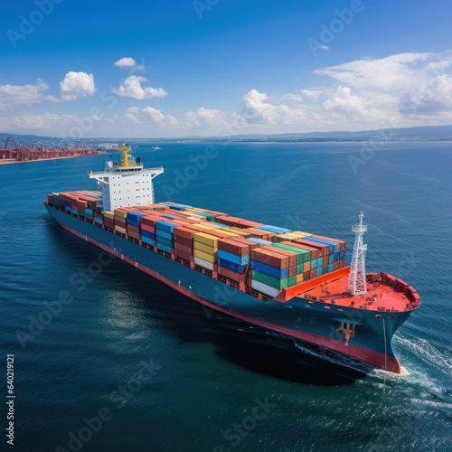 Cargo ship with containers on board in the ocean, cargo shipping