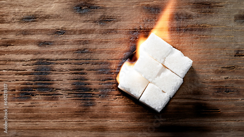 immagine di cubetti di zucchero che bruciano su una superficie in legno rustico, primo piano vista da sopra photo