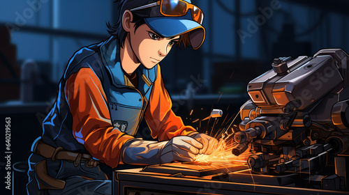 Welding work in a factory, a male welder welds steel, cartoon style photo