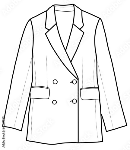 Men's formal fitted blazer. Jacket technical drawing vector illustration template.