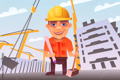 Illustration of a worker or foreman in a construction helmet with blueprints and a sledgehammer at a construction site. Concept on the theme of labor day.