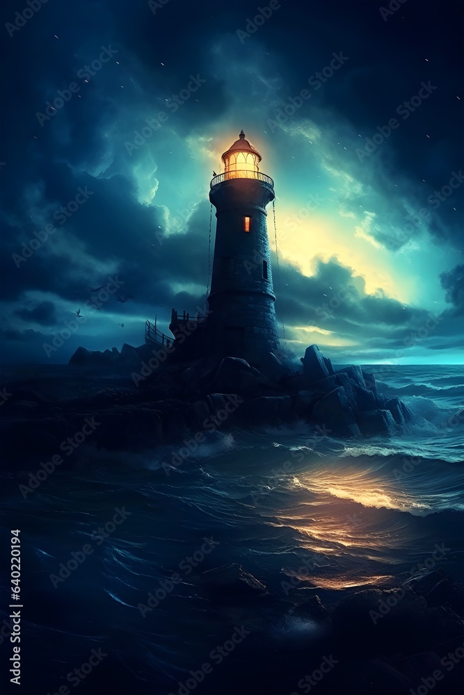 A lighthouse in stormy weather, Generative AI illustrations