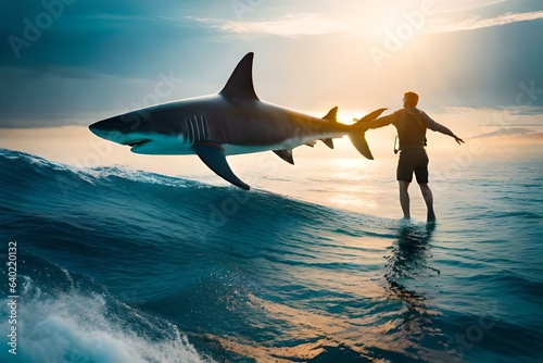 Shark attack on a man in the open sea. Generative AI