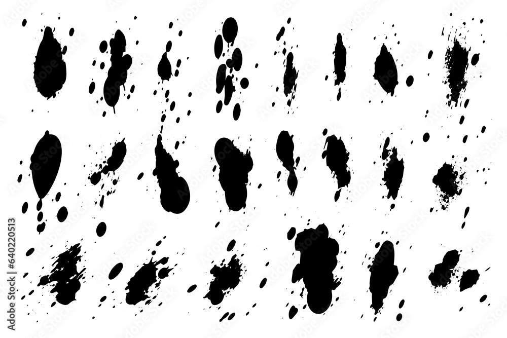 Grunge ink black paint splotch. Splash of paints, spray drops staining
