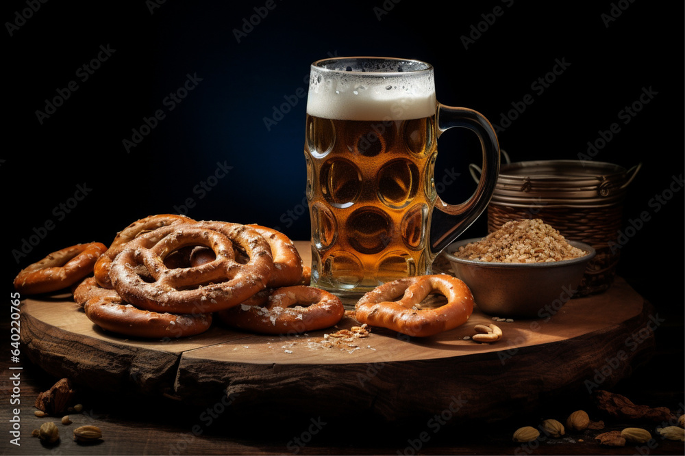 beer and pretzels on the board, oktoberfest beer and pretzels on the board, oktoberfest