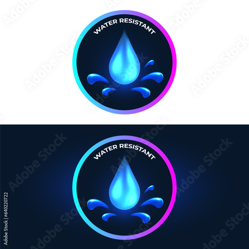 Water resistant and waterproof 3D glowing logo design. Water repellent surface icon.