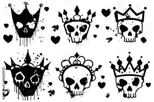 Set of hand drawn sketch grunge ink graphiti doodle scull and crown. Tattoo collection. Vector illustration pack.