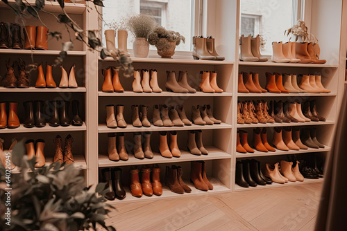 A trendy shoe store with a varied collection of stylish shoes.