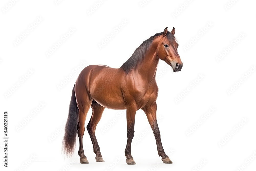 A powerful brown horse stands tall, its beauty and elegance highlighted against a white background.