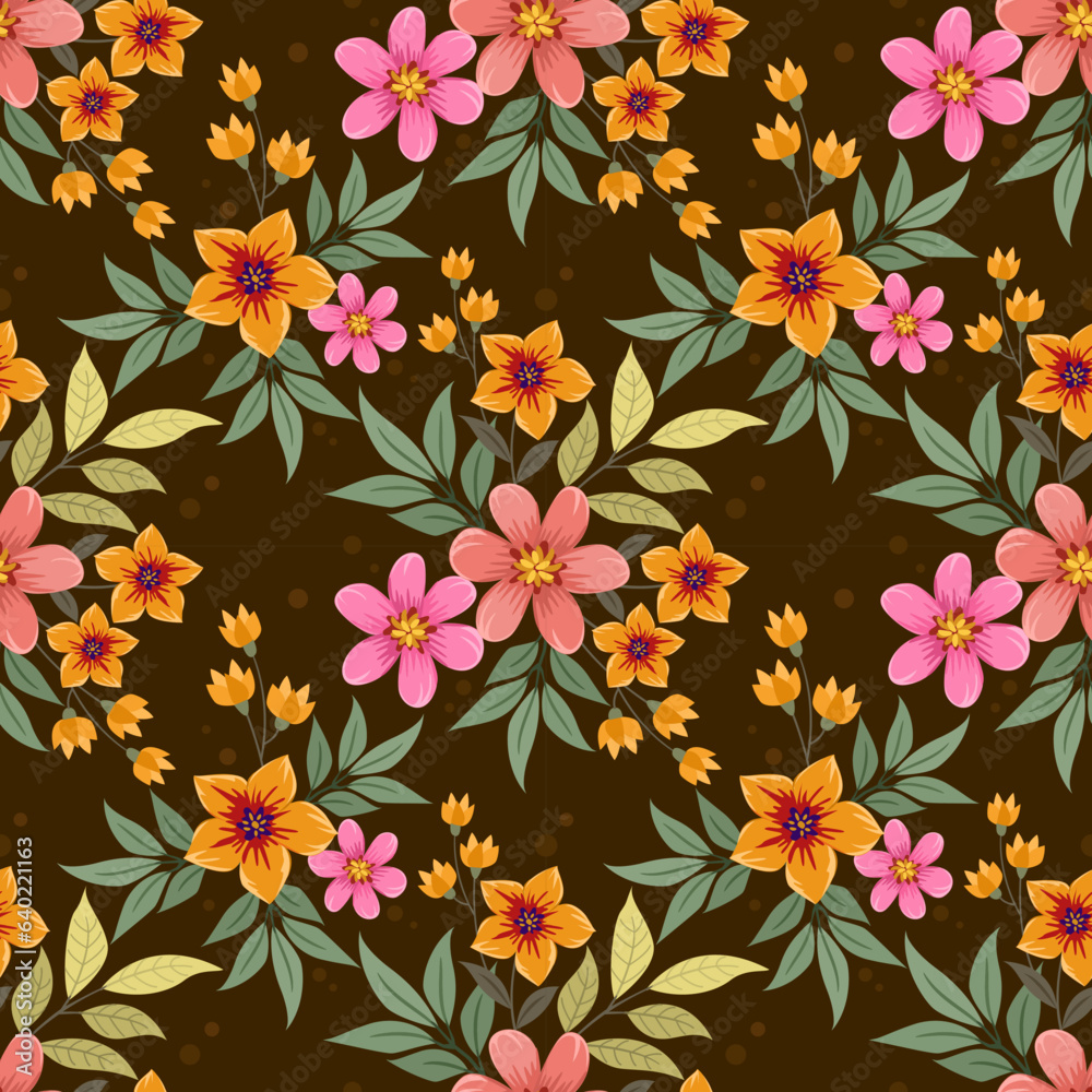 Cute colorful flowers on brown color background seamless pattern. This pattern can beused fro fabriv textile wallpaper.