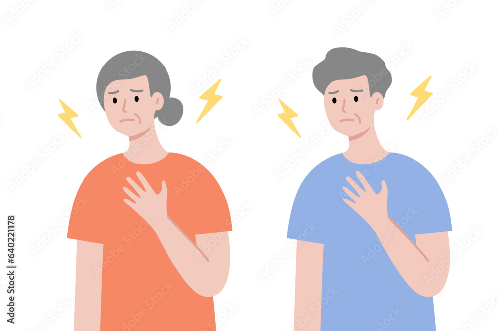 Obraz premium Set of sick elder man and woman suffering from heartache and holding heart. Healthcare, medical, disease concept. Flat people character vector design isolated on white background.