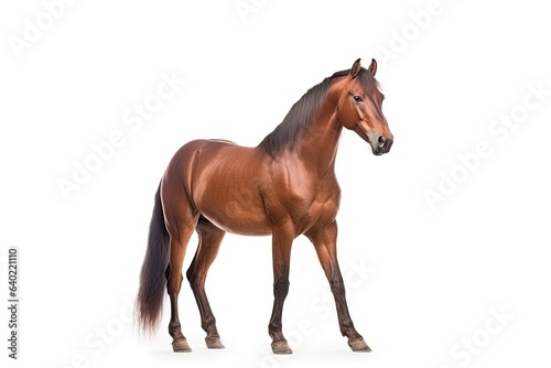 A powerful brown horse stands tall, its beauty and elegance highlighted against a white background.