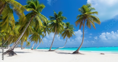 A serene tropical beach scene, complete with palm trees, clear blue waters, and sandy shores.