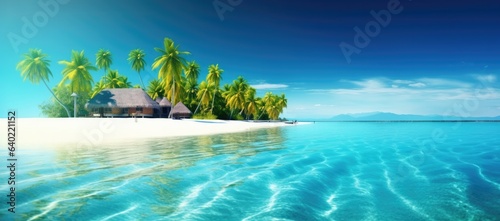 A serene beach scene with palm trees, clear blue waters, and a tranquil atmosphere, evoking paradise.