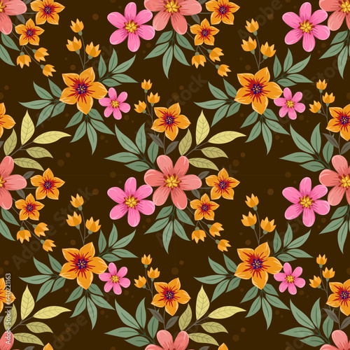 Cute colorful flowers on brown color background seamless pattern. This pattern can beused fro fabriv textile wallpaper.