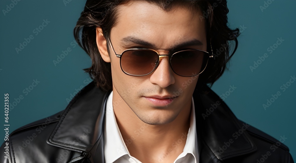 portrait of a person,  A man in black leather jacket and sunglasses looking  down