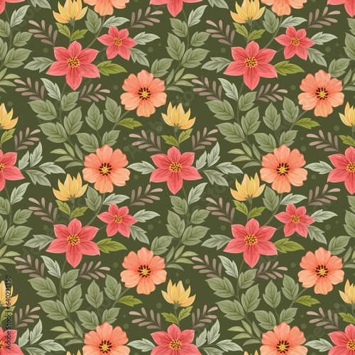 Beautiful blooming flowers design on green color background seamless pattern. Can be used for fabric textile wallpaper.