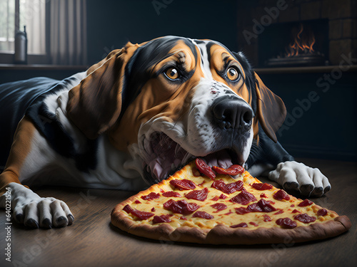 dog eats pizza. AI generated. photo