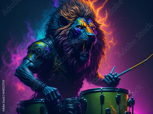 lion musician plays on the street at night. AI generated. photo