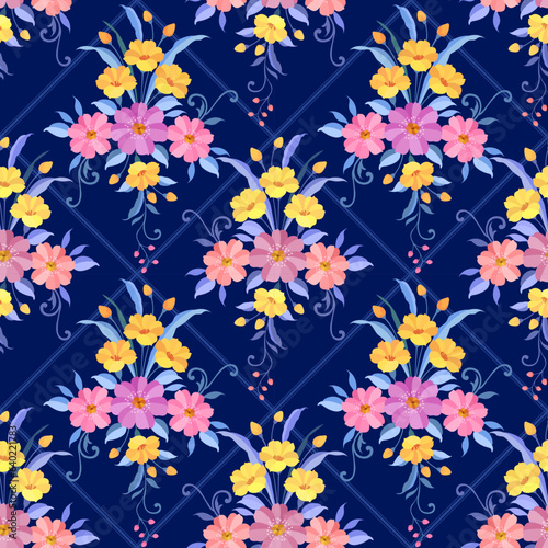 Beautiful blooming flowers design on blue color background seamless pattern. Can be used for fabric textile wallpaper.