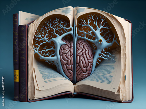 illustration of smart book, brains in books. AI generated. photo