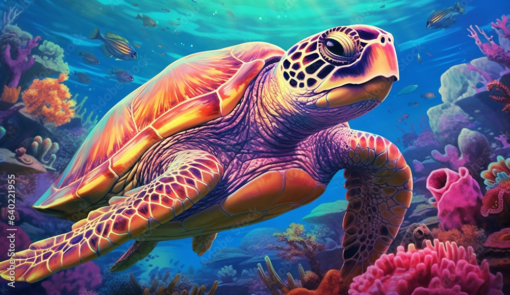 Fototapeta premium Aquatic Marvels: Colorful Realistic Illustration of Turtles in their Underwater Habitat, Generative AI