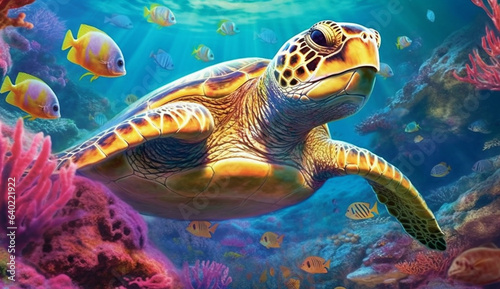 Underwater Marvels: Vibrant Realistic Illustration of Turtles in their Natural Habitat, Generative AI
