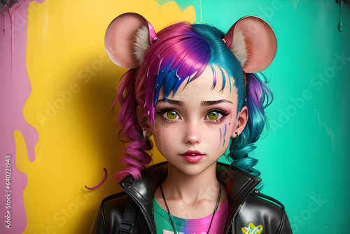 beautiful girl in anime style with mouse ears. AI generated. photo