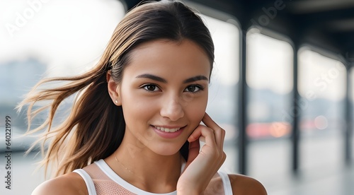 Elegance in Shyness: Portrait of a Modest Woman with Gentle Hair Touch