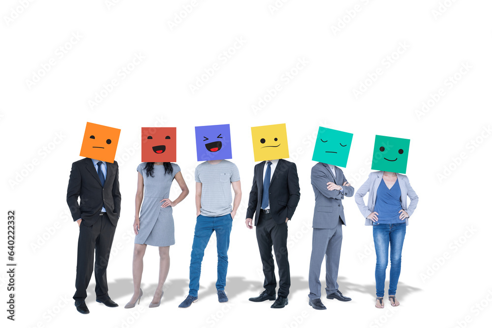 Obraz premium Digital png photo of people wearing different expression box on heads on transparent background