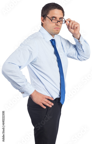 Digital png photo of caucasian businessman holding glasses on transparent background